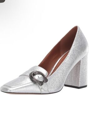Coach Jade Metallic Silver Leather Block Heel Square Toe C Logo Pumps 7 New